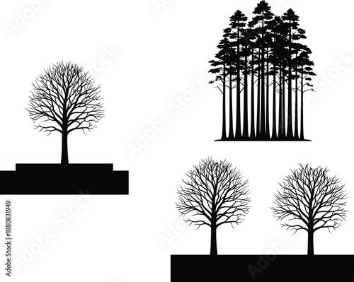 Bare tree and forest silhouettes collection, winter woodland trees and pine grove in black vector style for landscape design, environmental graphics and outdoor branding projects