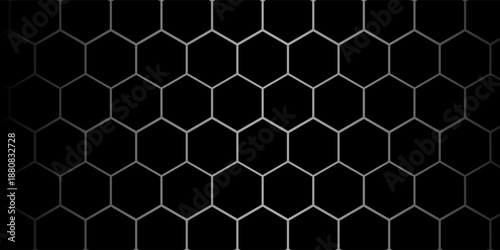 Dark grey abstract wide horizontal banner with hexagon carbon fiber grid and orange luminous lines