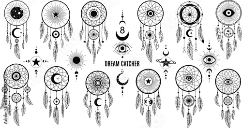 Dream catcher symbols illustration set, mystical boho ornaments with moons feathers eyes and sacred geometry in detailed black line art vector