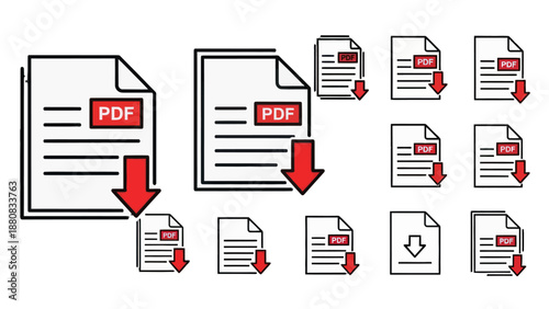 PDF file download icons for document conversion and sharing, vector symbols