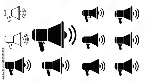 Megaphone icon set for announcement, communication, and advertising, flat vector illustration