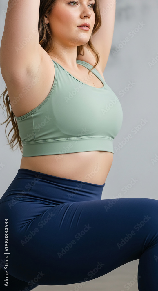 Fototapeta premium Close-up of woman in sage green sports bra and navy leggings, performing yoga pose, showcasing healthy lifestyle and fitness