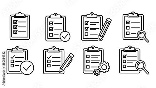 Checklist clipboard icons for business and task management, line style vector