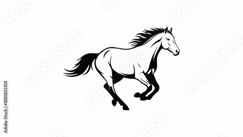 Galloping Horse Silhouette Black and White Illustration.