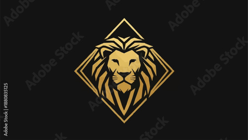 Golden Lion Head Emblem Inside Geometric Shape.