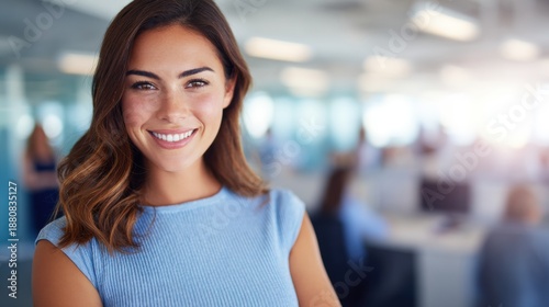 Free Download Woman smiles while standing in busy office during work hours - GFXLoad