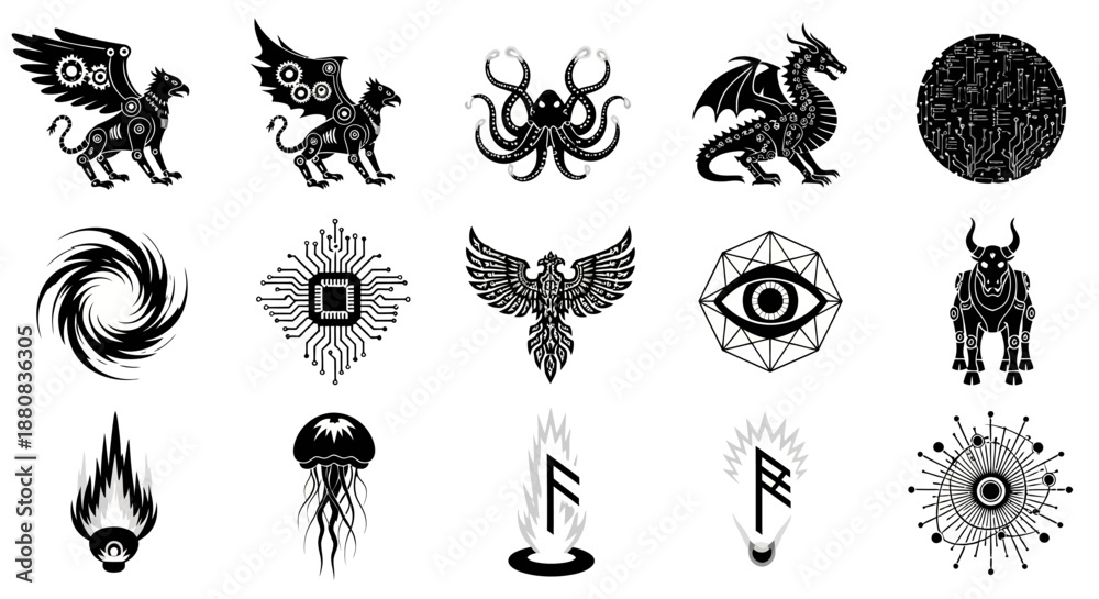 Fototapeta premium Collection of various fantasy creature icons.
