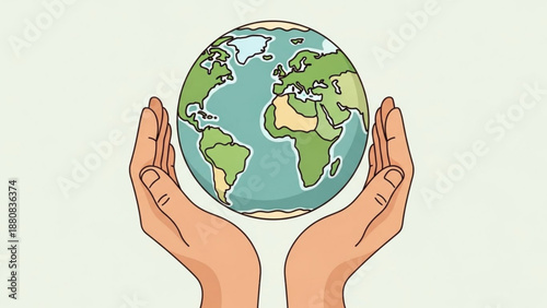Illustration of a pair of hands cradling the earth globe with continents and oceans visible
