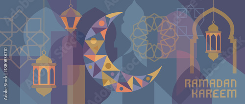 Ramadan Kareem vector illustration with crescent moon and lanterns