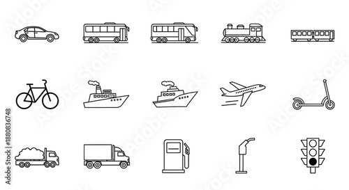 Various types of transportation vehicles icons.