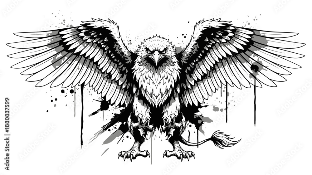 Fototapeta premium griffin, black and white, ink, water colour, isolated on white