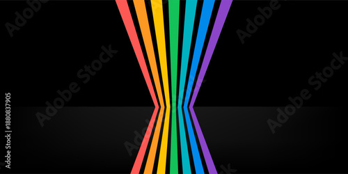 Realistic black cylinder pedestal podium with perspective stripes in rainbow color. Lgbtq concept. Abstract minimal scene for mockup products, stage showcase, promotion display. Vector geometric forms