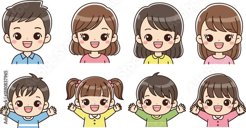 A collection of eight happy cartoon characters, including adults and children, smiling brightly in a simple illustration style.