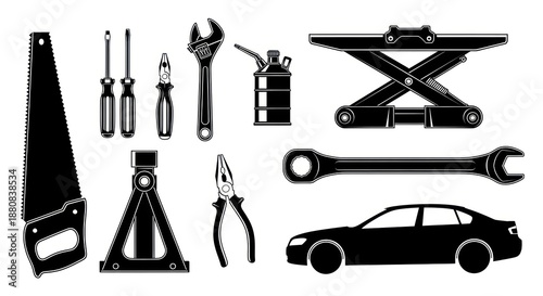 Mechanic's Tools: A collection of essential mechanic's tools arranged for auto repair, including a saw, screwdrivers, a wrench, oil can, and car jack. An iconic representation of the tools