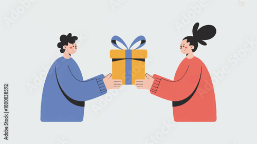 Flat Vector Illustration of a Person Giving a Gift Box to a Friend, Concept of Celebration, Holiday, or Appreciation