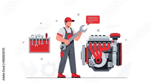 Engine Repair Illustration: A skilled mechanic, equipped with a wrench, meticulously examines a complex engine, showcasing expertise in maintenance and repair within an illustrative setting.