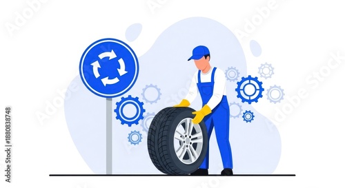 Maintenance: A skilled mechanic, in a work environment, skillfully maneuvers a tire, symbolizing essential automotive servicing. The mechanic, wearing appropriate gear, performs his duty.