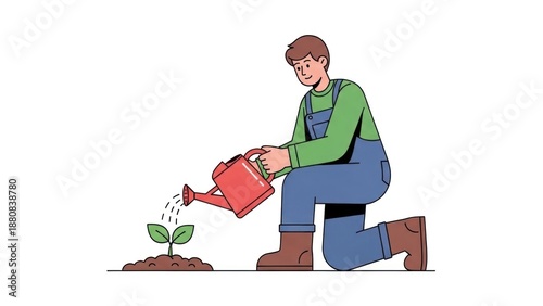 Nurturing Growth: A gardener kneels, gently watering a young seedling, nurturing life and the promise of a flourishing future.