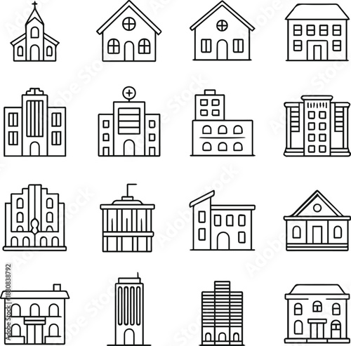 building icon grid 12 outline symbols for education and planning
