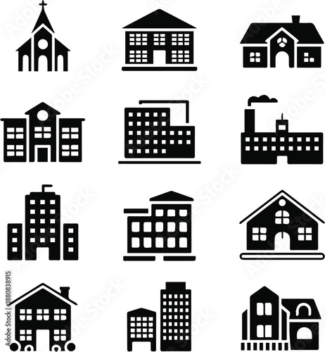 building icon pack 12 monochrome vector glyphs for urban design