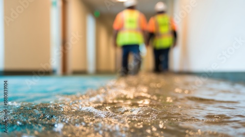 Workers manage water flow in building during flooding event