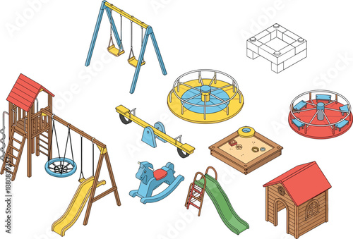 Colorful playground equipment set featuring slides, swings, merry-go-rounds, sandbox, and play structures for children’s outdoor recreation and park design.