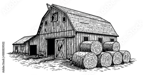 Hand drawn line art illustration of a barn and hay bales depicting a traditional farm setting for agriculture and rural life concepts