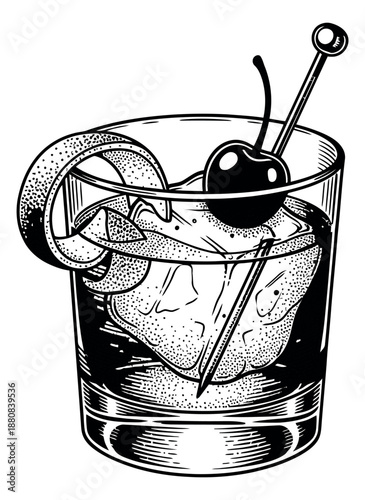 Hand drawn line art illustration of a cocktail depicting a cherry and orange peel garnish for bar menus
