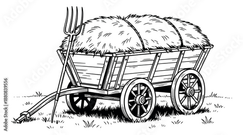 Hand drawn line art illustration of a hay cart and pitchfork depicting a rural harvest scene for agricultural themes