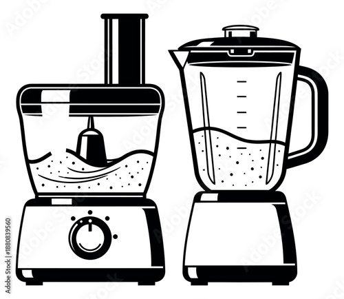 Line art kitchen appliances set featuring a food processor and a blender for cooking and meal preparation