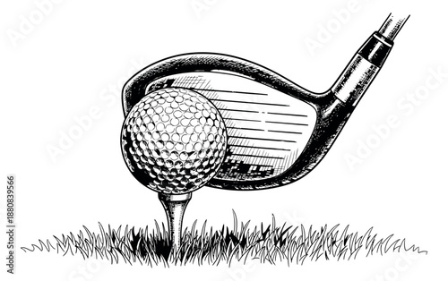 Hand drawn line art illustration of a golf ball on a tee with a golf club depicting the moment before a swing for sports and game concepts