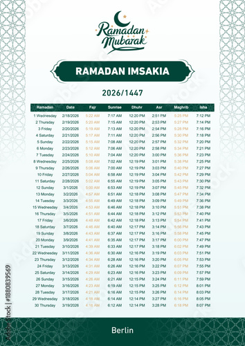 Ramadan Imsakia 2026_1447 Berlin Prayer Times Schedule