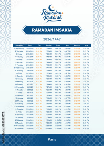 Ramadan Imsakia 2026_1447 Paris Prayer Times Schedule