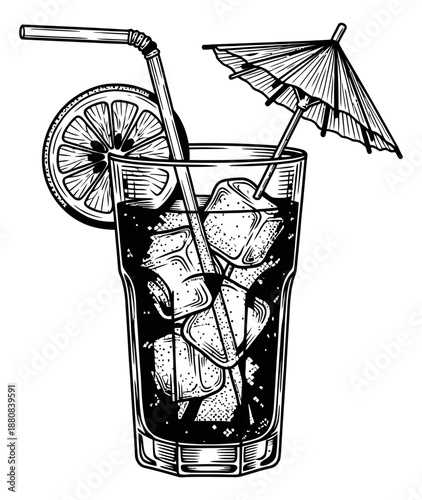Hand drawn line art illustration of a cocktail drink depicting a refreshing beverage with ice, lemon slice, straw, and umbrella for summer parties and refreshment