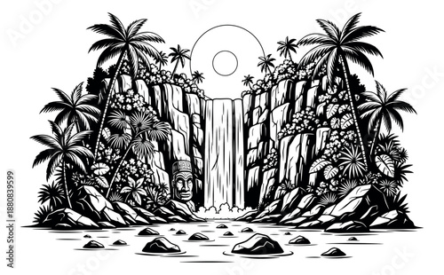 Hand drawn line art illustration of a tropical waterfall scene depicting a serene jungle landscape with a tiki idol for travel and nature designs