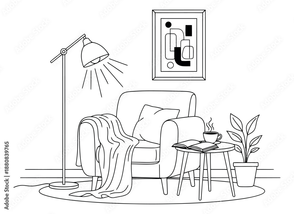 Obraz premium Hand drawn illustration of an armchair reading nook depicting a relaxing home interior for lifestyle concepts