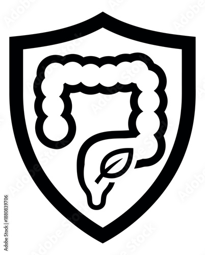 Line art illustration of human large intestine icon in a shield depicting natural digestive health and protection for medical and wellness concepts