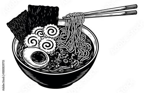 Hand drawn line art illustration of a Japanese ramen bowl depicting noodles being picked up by chopsticks for Asian cuisine menu design