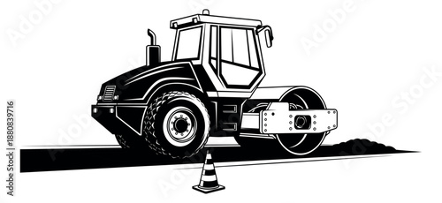 Graphic line art illustration of a road roller depicting road construction for heavy equipment industries