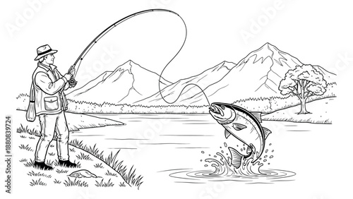 Hand drawn line art illustration of a fisherman catching a fish depicting a successful outdoor activity for sport and recreation