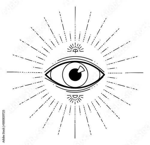 Line art illustration of a mystical all-seeing eye depicting esoteric symbols for spiritual and occult themes