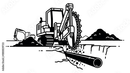 Hand drawn line art illustration of a trenching machine depicting pipe laying for underground utility construction