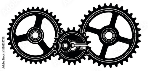 Line art illustration of an interlocking gear mechanism depicting a key as a solution for problem solving