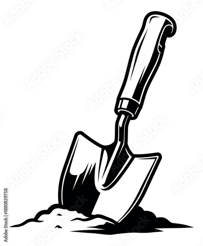 Stylized illustration of a hand trowel depicting it stuck in soil for gardening