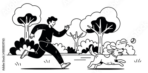 Line art illustration of a man and a dog depicting playing fetch in a park for outdoor recreation
