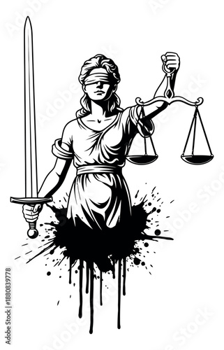 Graphic illustration of Lady Justice depicting blindfolded balance and a sword with a grunge ink splatter for legal concepts