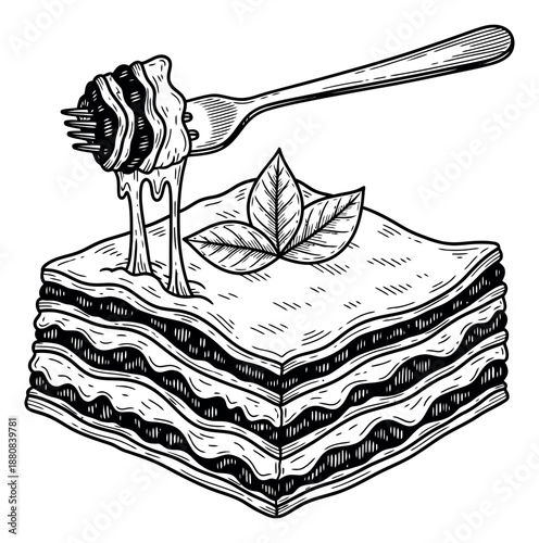 Hand drawn line art illustration of lasagna depicting a fork with a bite and melted cheese for italian cuisine