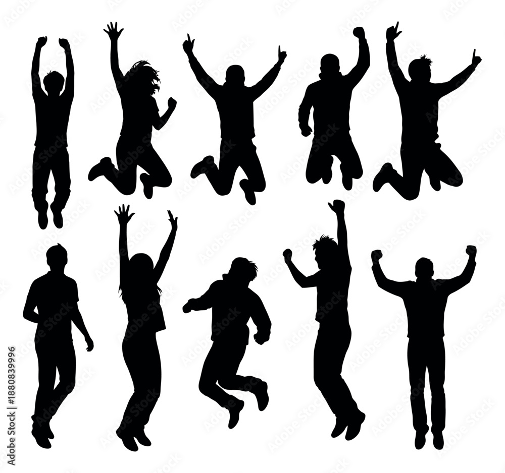 Fototapeta premium Silhouette people set featuring men and women jumping and celebrating for concepts of success and happiness