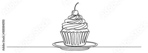Continuous line art illustration of a cupcake depicting whipped cream icing and a cherry on a plate for bakery and sweet treat designs