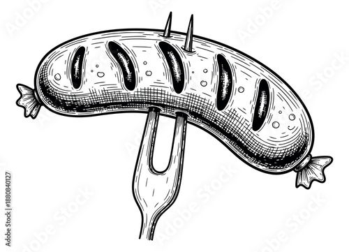 Hand drawn line art illustration of a grilled sausage depicting it on a fork for culinary and barbecue design